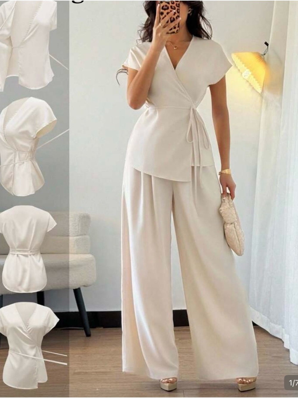 Elegant Cream Wrap Top & Wide-Leg Pants Set